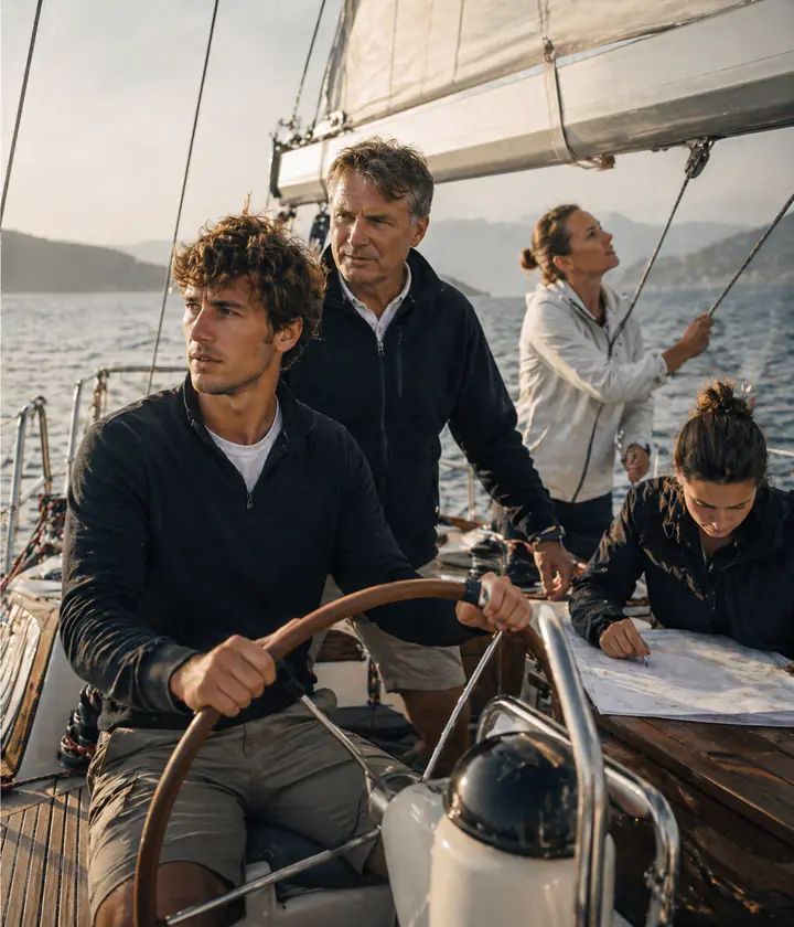 Group on deck during a training passage — practice in the skipper role